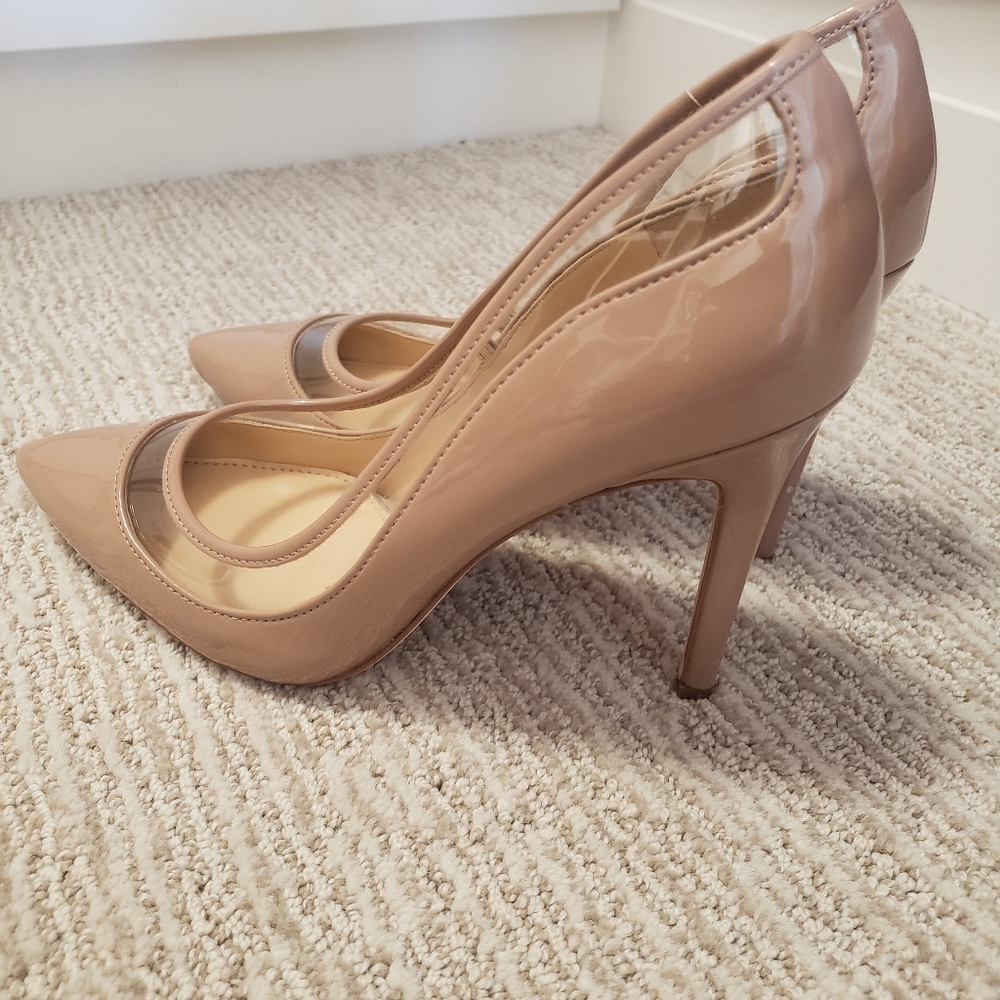 Jessica Simpson Purvista  nude patent pump with pointed toe stilleto clear 8